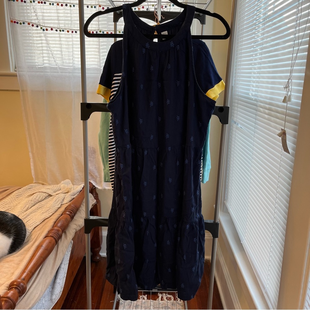 Navy Blue Tiered Halter Dress with Embroidered Accents